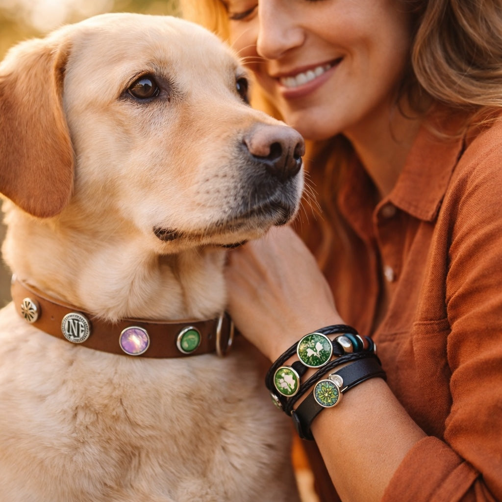Matching Dog Collar & Pet Parent Cuff Bracelet Set | Interchangeable Snap Jewelry | Warewoof House